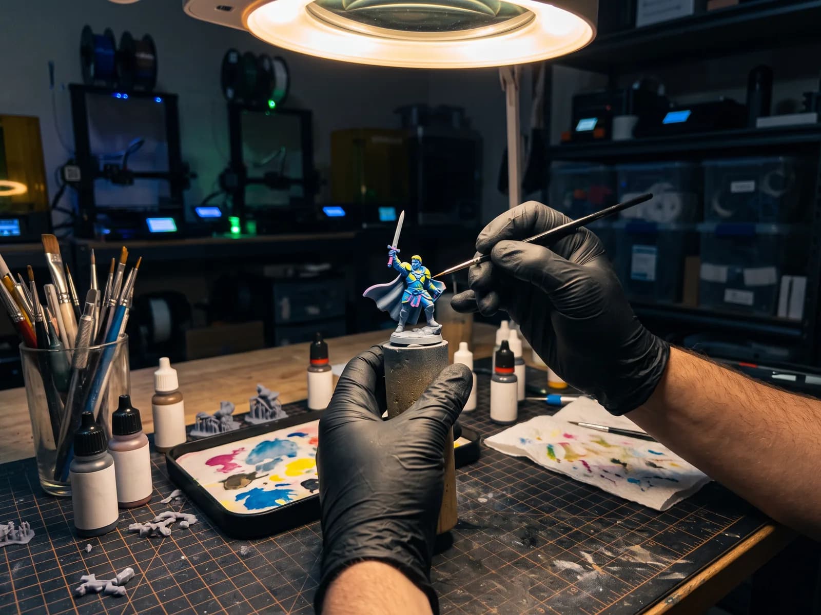 Mãos com luvas pretas pintando um action figure impresso em 3D, com impressoras ao fundo